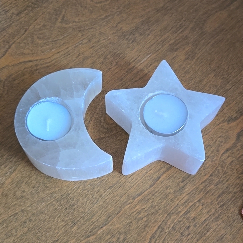 Selenite crystal moon and star tea light candle set